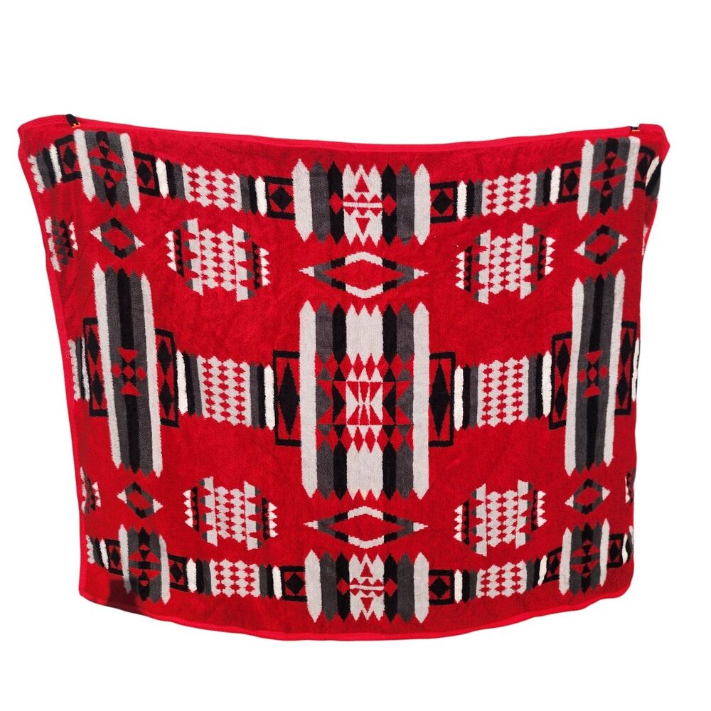 Vintage IBENA Acrylic Blanket 73x57 Red Black Navajo Southwest Geometric Turkey